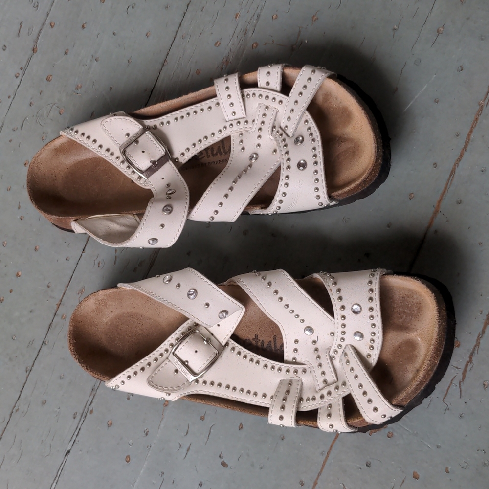 Betula by Birkenstock white leather and rhinestone buckle sandals